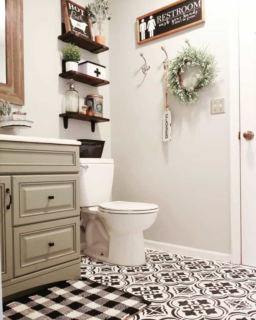 Plaid Mat on a Patterned Bathroom Tile Floor