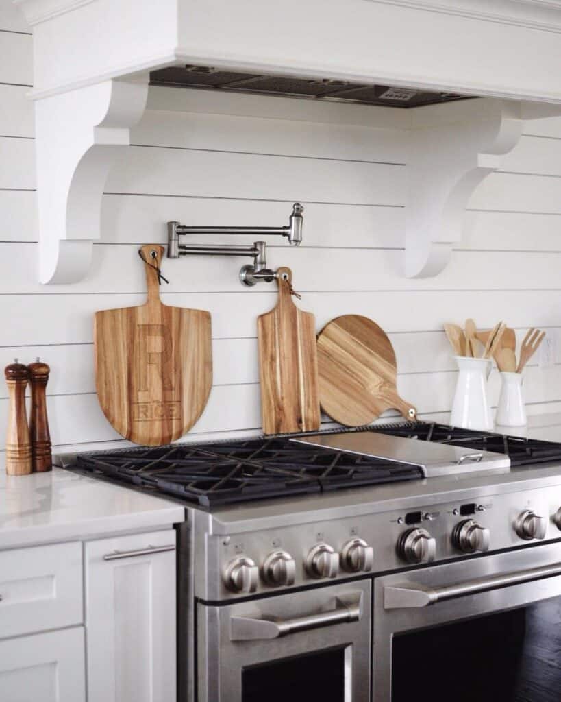 Pot Filler Faucet on White Shiplap Wall