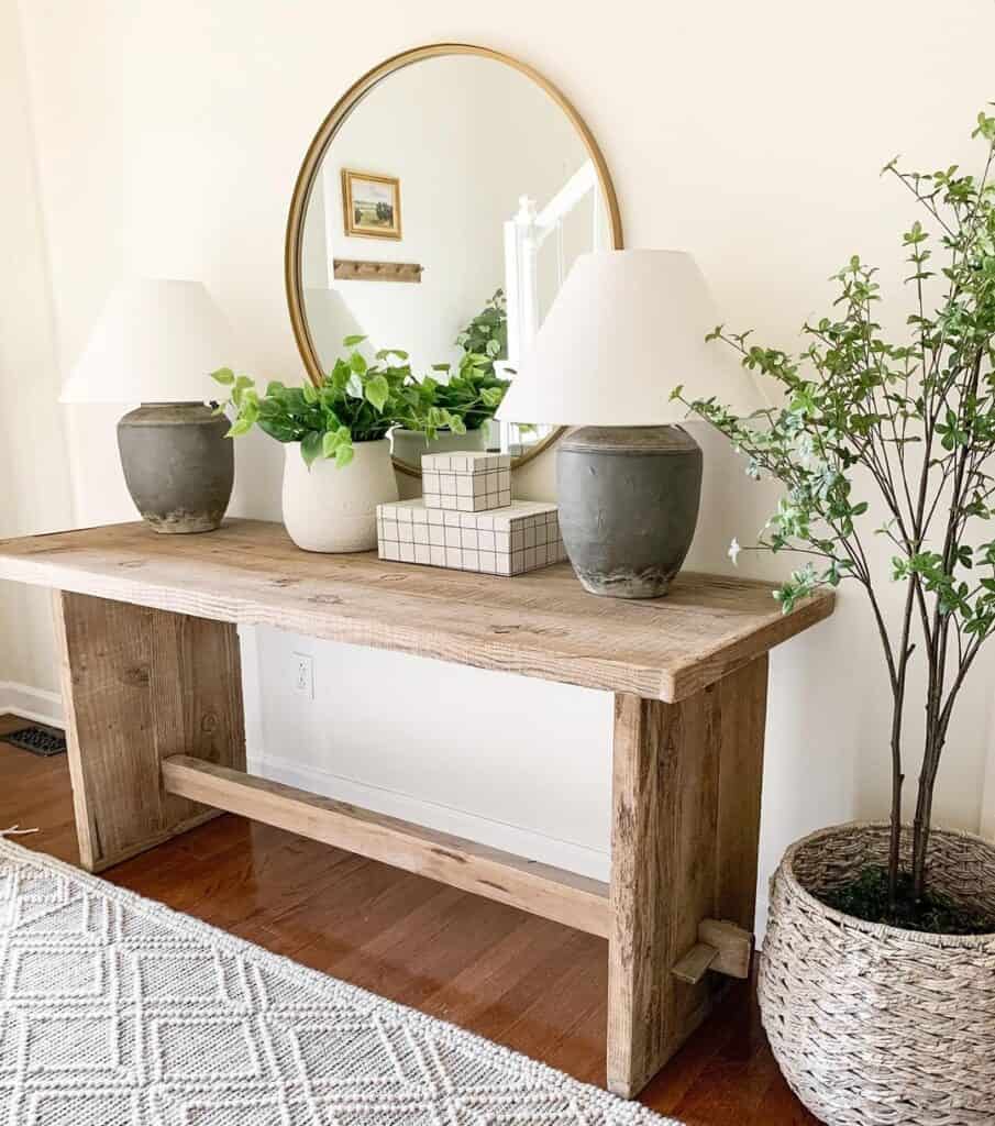 Pottery Lamps on a Rough Wood Console Table