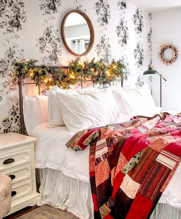 Red Christmas Quilt in White Bedroom