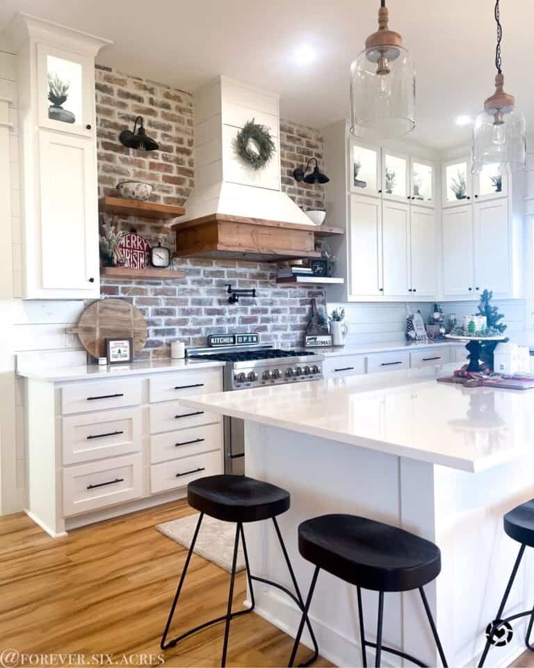 Rustic White Kitchen with Brick Backsplash