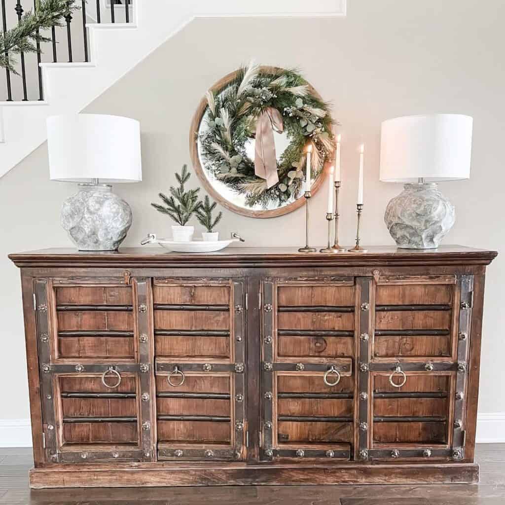 Rustic Wood Cabinet in Front of Staircase