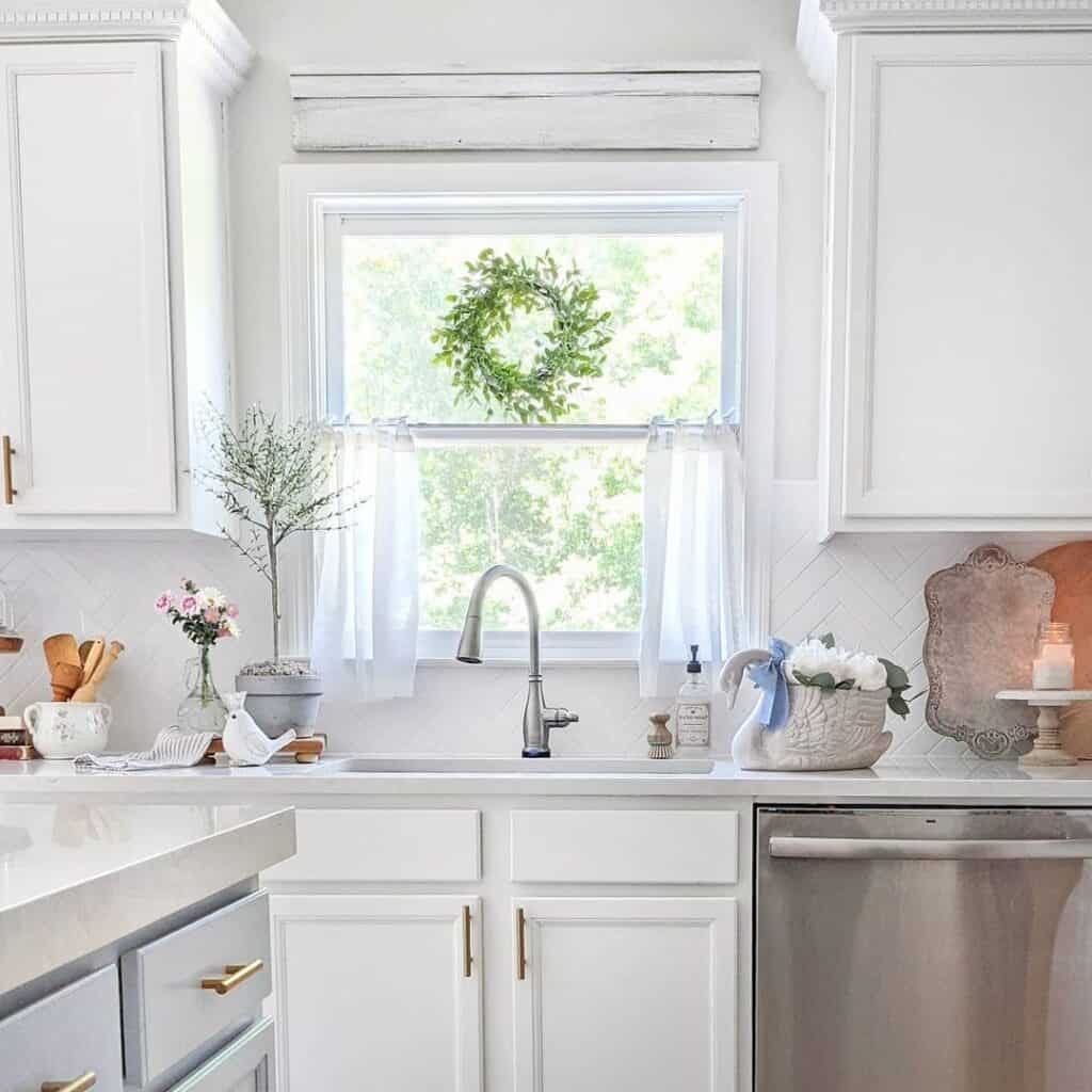 Sheer White Cafe Curtain Above Sink