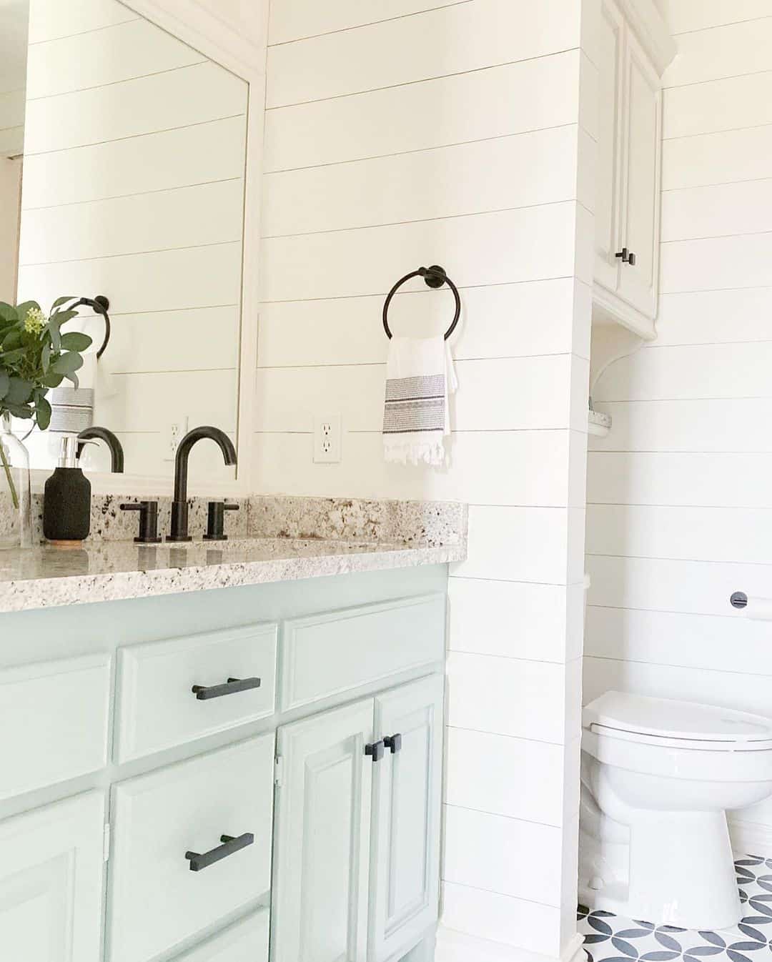 Shiplap Bathroom with Blue Grey Vanity Soul & Lane