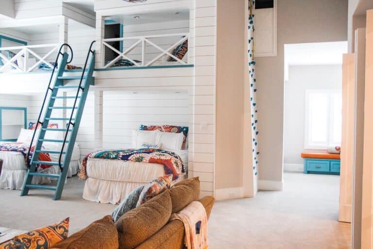 Shiplap Bunk Beds with Teal Ladder