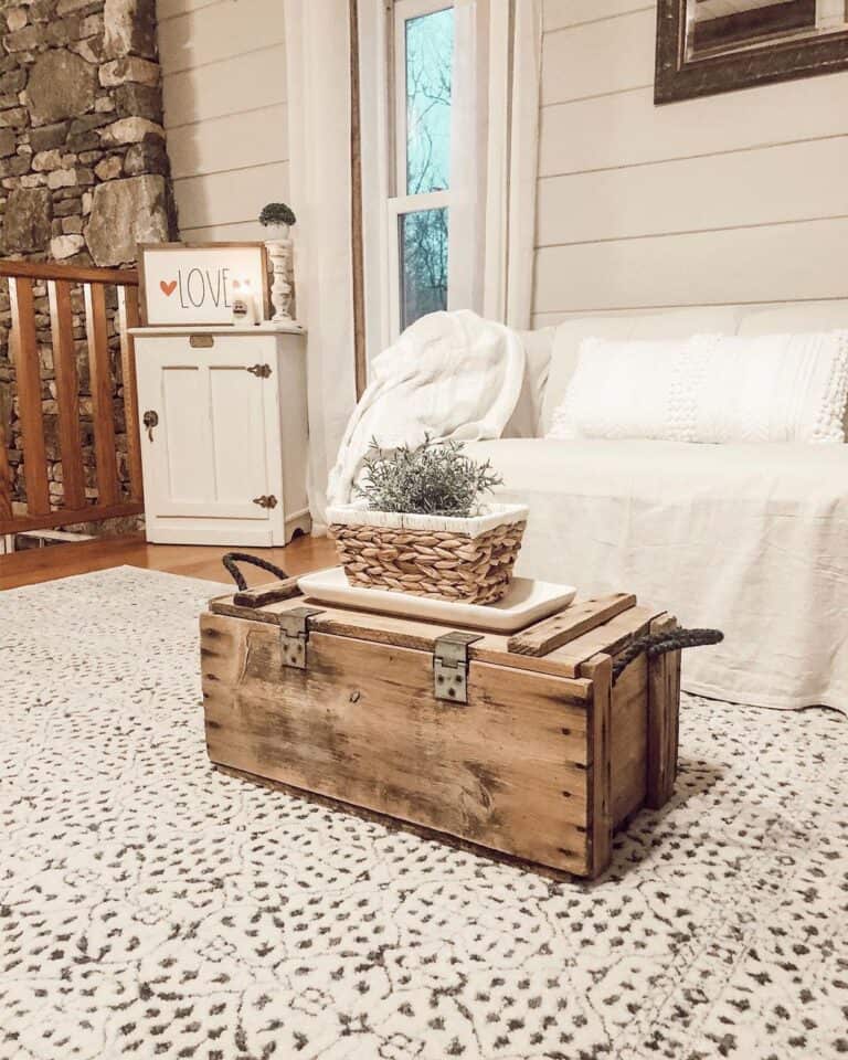 Shiplap Loft with Rustic Trunk Coffee Table