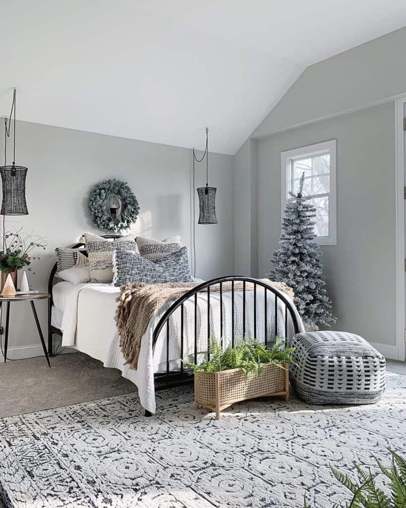 Simple Christmas Décor in a Light Grey Bedroom
