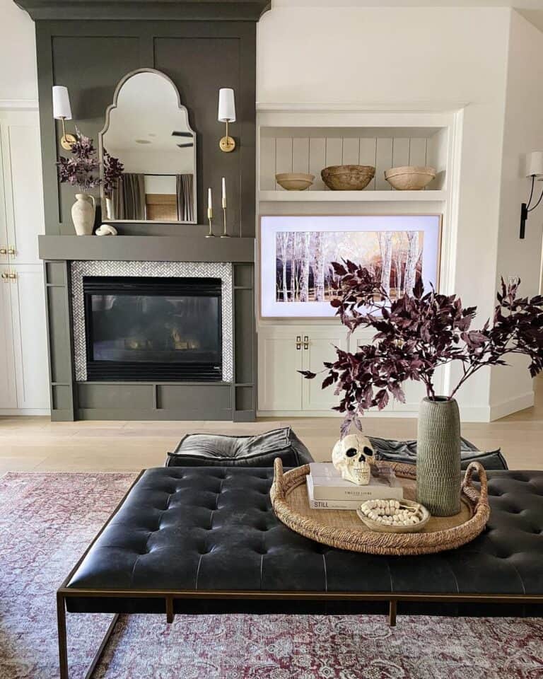 Slender Wicker Tray on a Black Leather Ottoman