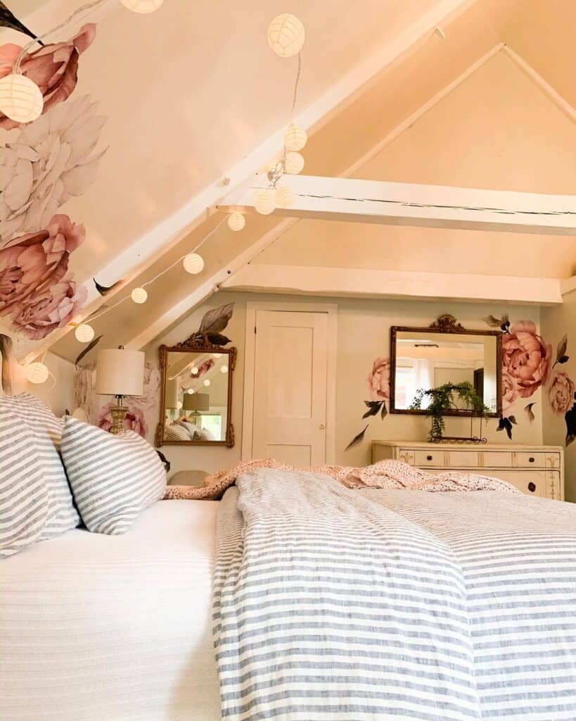 Sloped Bedroom Ceiling with White Beams