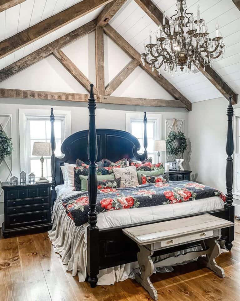 Sloped White Ceiling with Wood Trusses