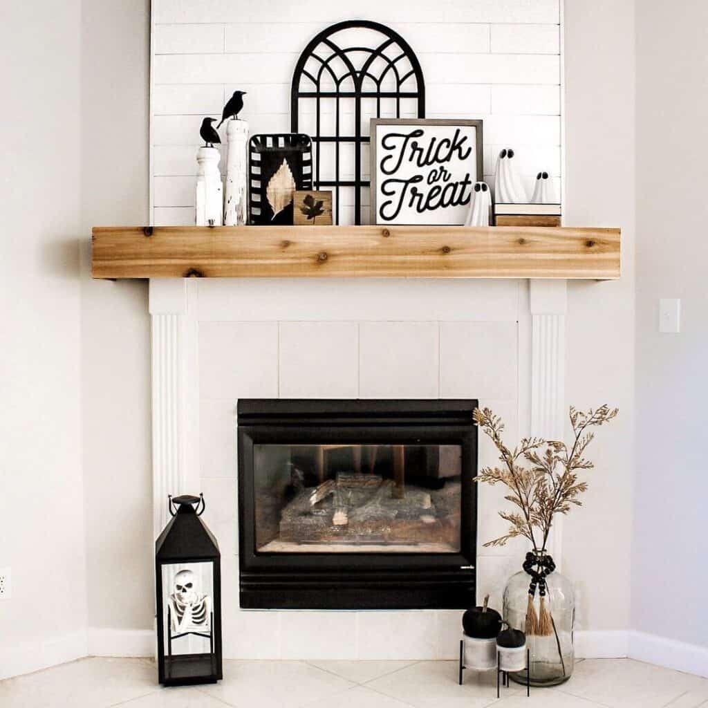 Stained Wood Fireplace Mantel with Decor
