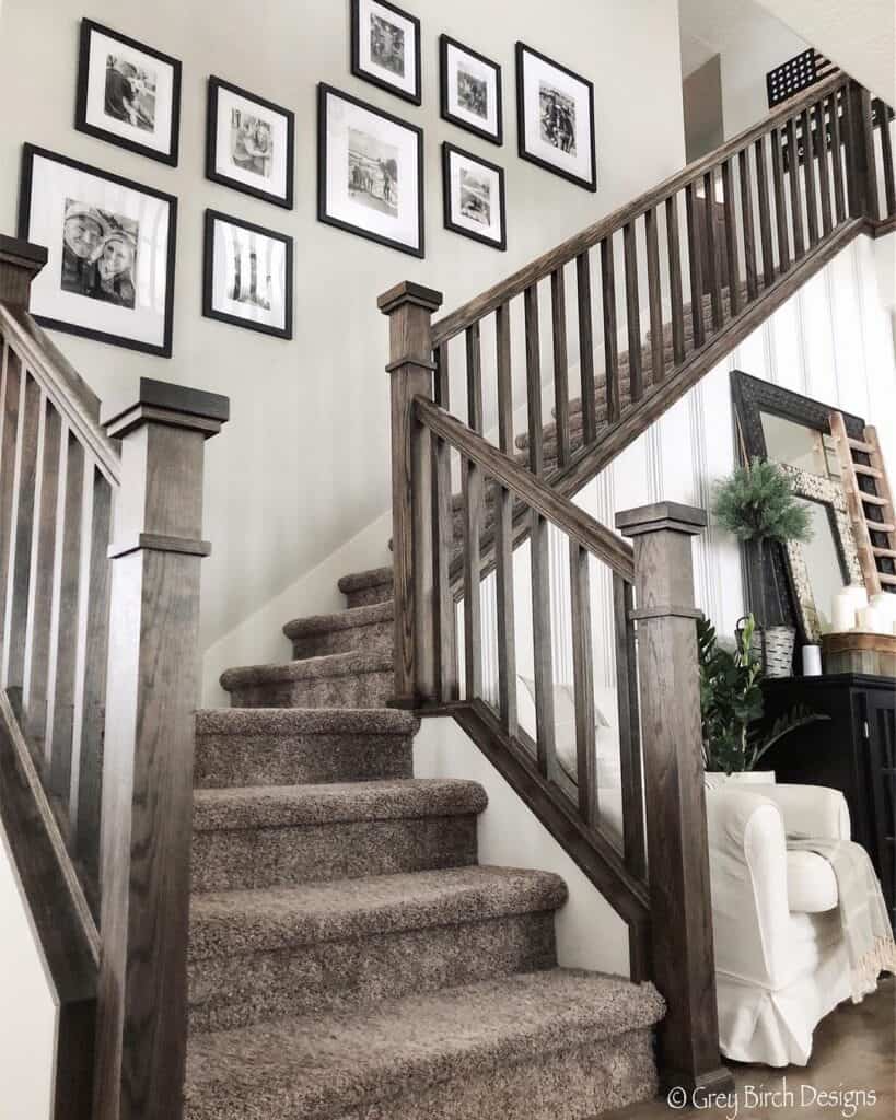 Staircase with Wood Stair Spindles and Photo Gallery Wall