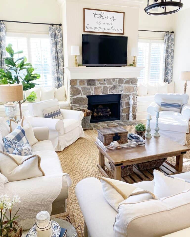 Stone Fireplace with White Fireplace Mantel