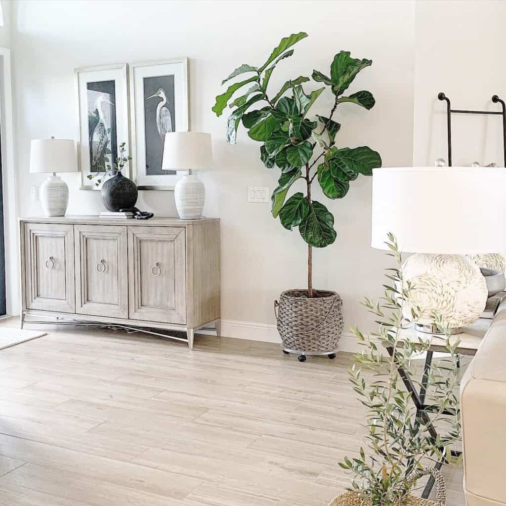 Two Tall Lamps on a Wooden Console Table