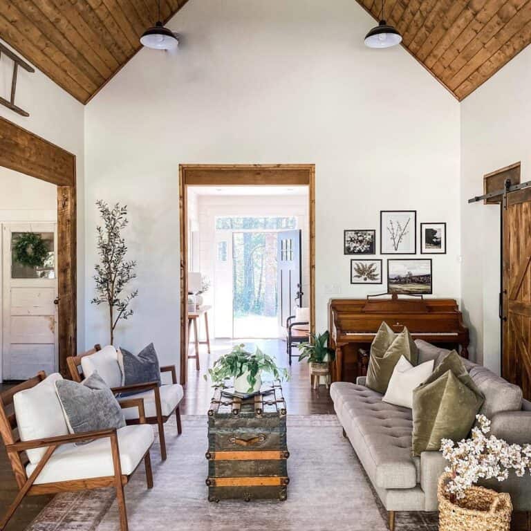 Vaulted Livingroom with Vintage Trunk Coffee Table