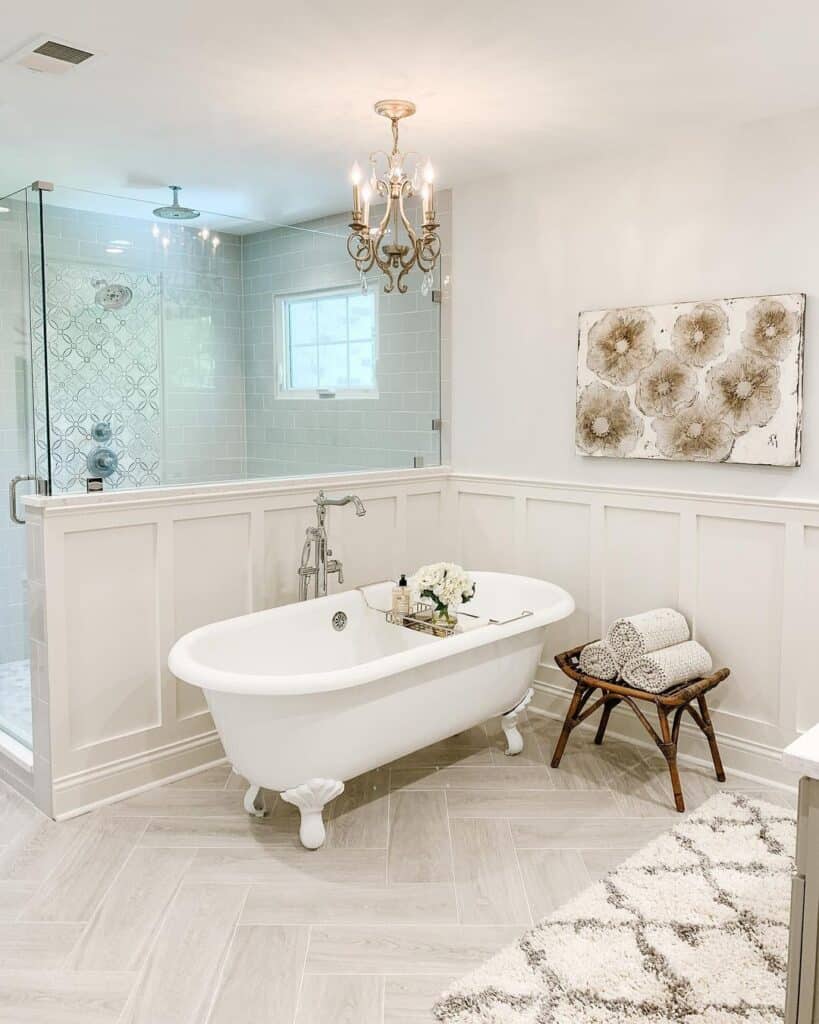 White Bathtub Next to Gray Subway Tile Shower