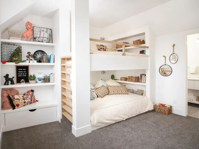 White Built-in Bunk Bed with Shelves