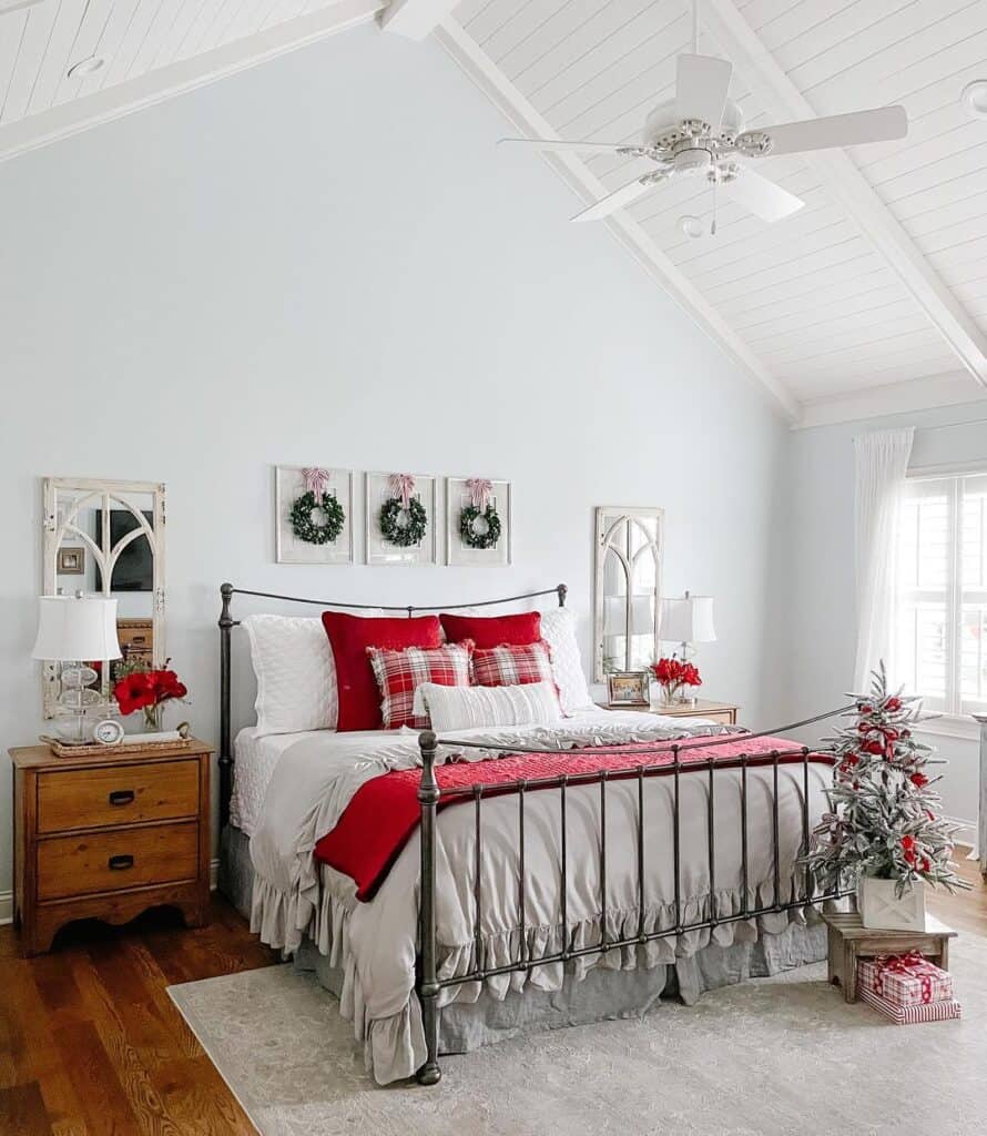 White Ceiling Fan Over Christmas Bedding