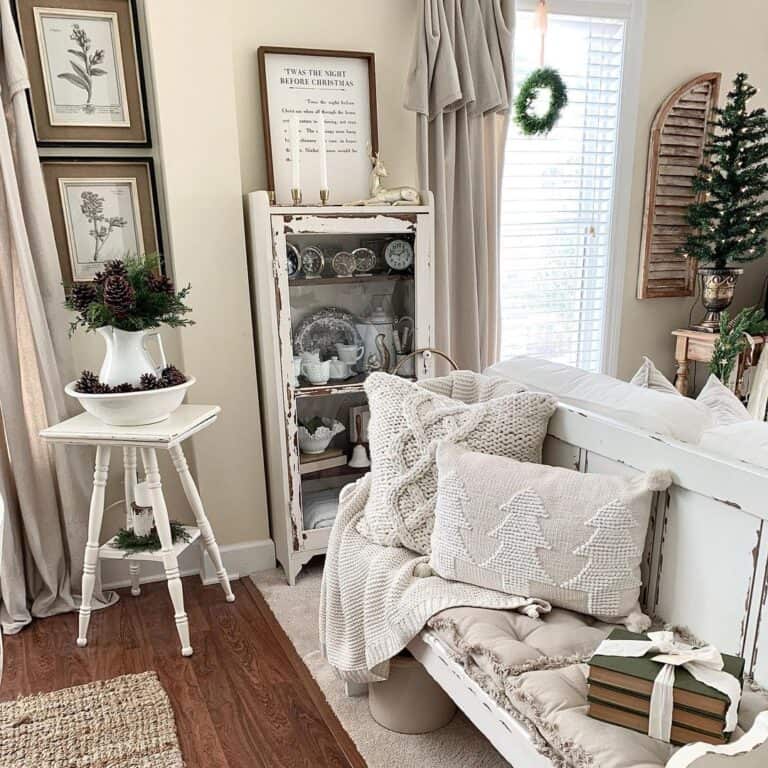 White Christmas Throw and Pillows in Rustic Room