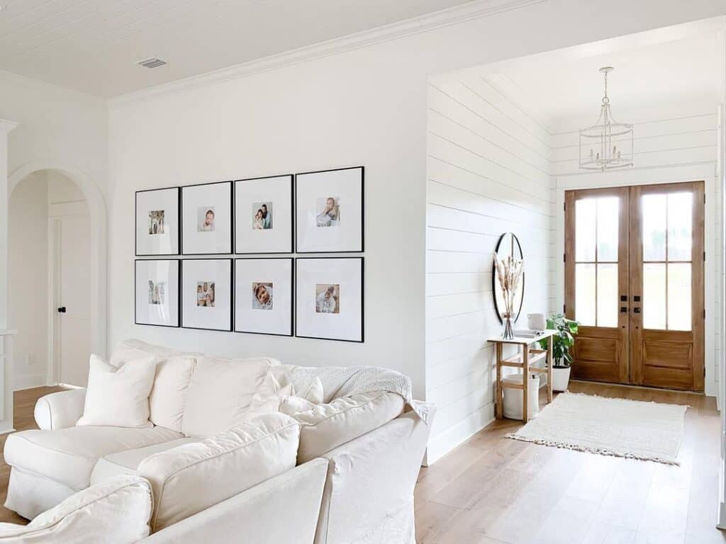 White Farmhouse Inspired Living Room and Gallery Wall