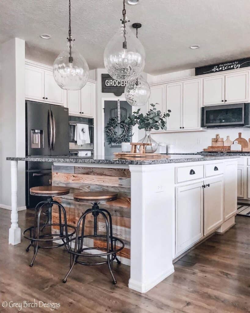 White Kitchen Island with Stained Wood End Panel