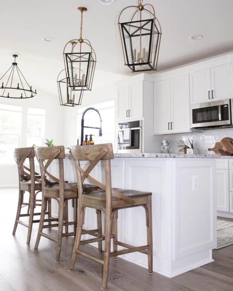 White Kitchen Island with Wood Counter Stools