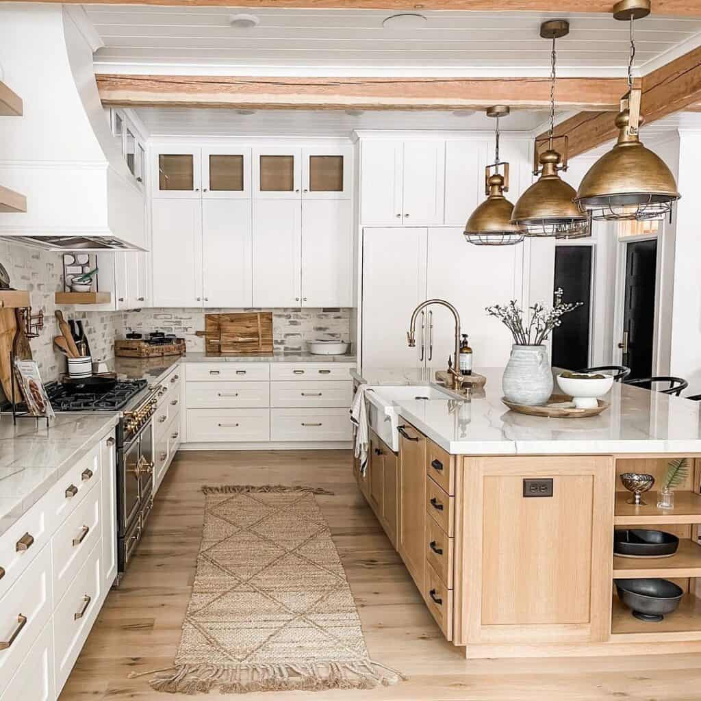 White Kitchen With Wood Island and Flooring