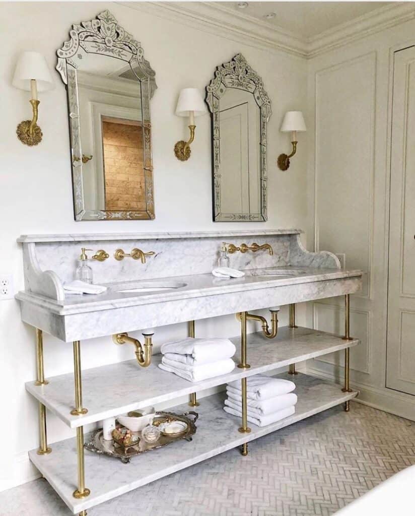 White Marble Countertops in Traditional Bathroom