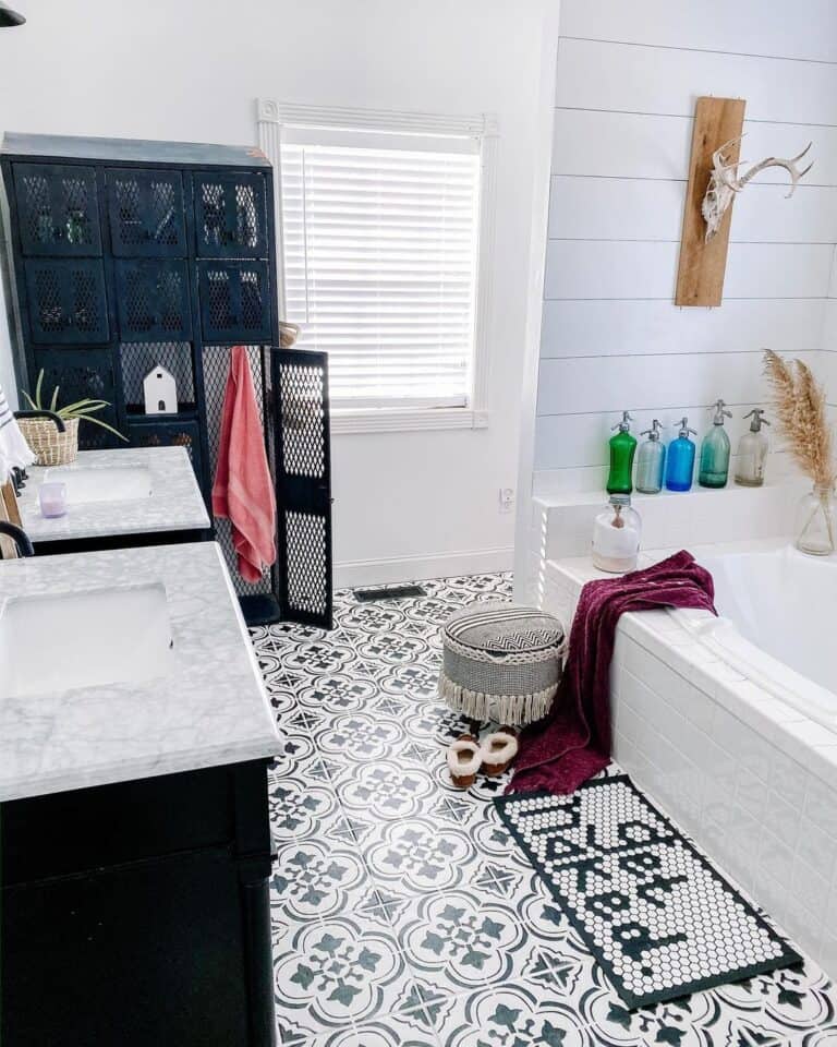 White Patterned Tile with a Simple Baseboard