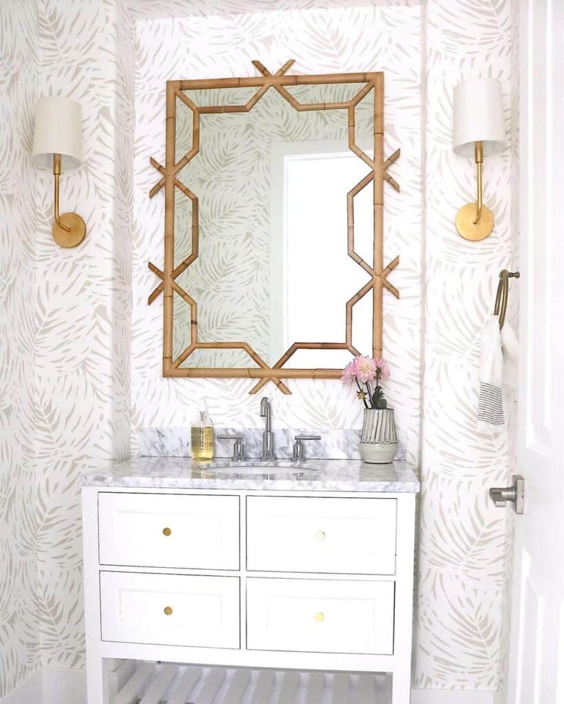 White Powder Room Vanity with Bamboo Mirror