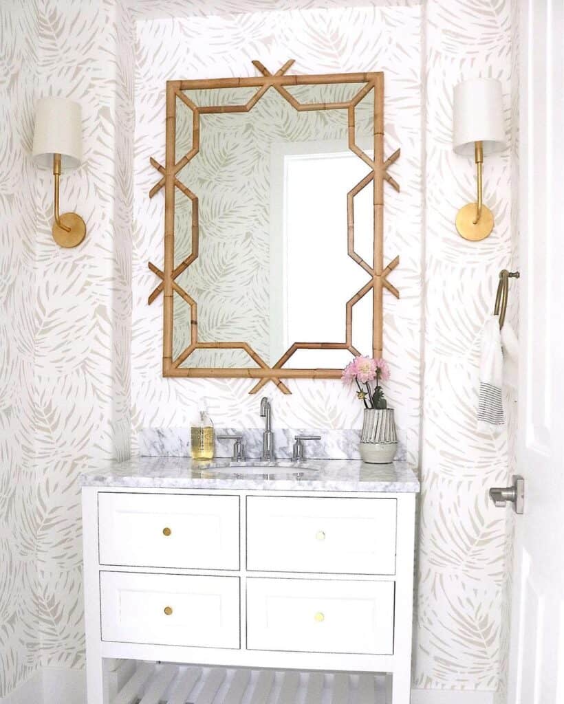 White Powder Room Vanity with Bamboo Mirror Soul & Lane