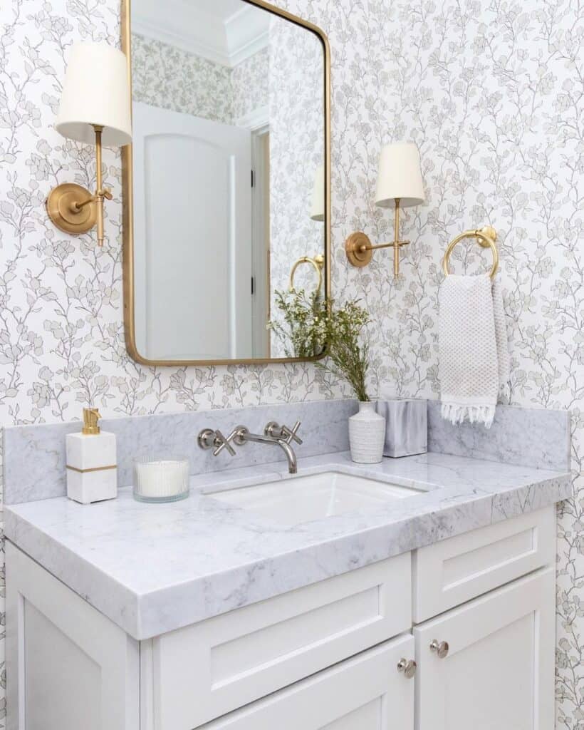 White Powder Room Vanity with Mirror