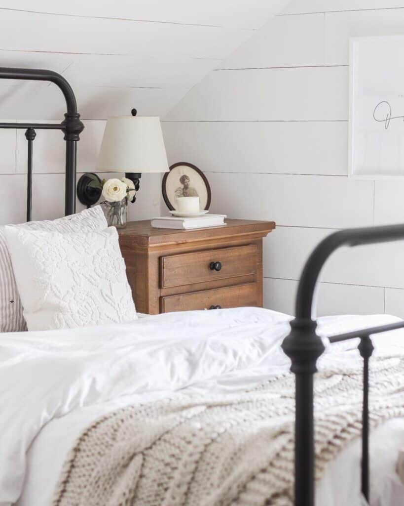 White Shiplap Small Low Sloped Ceiling Bedroom