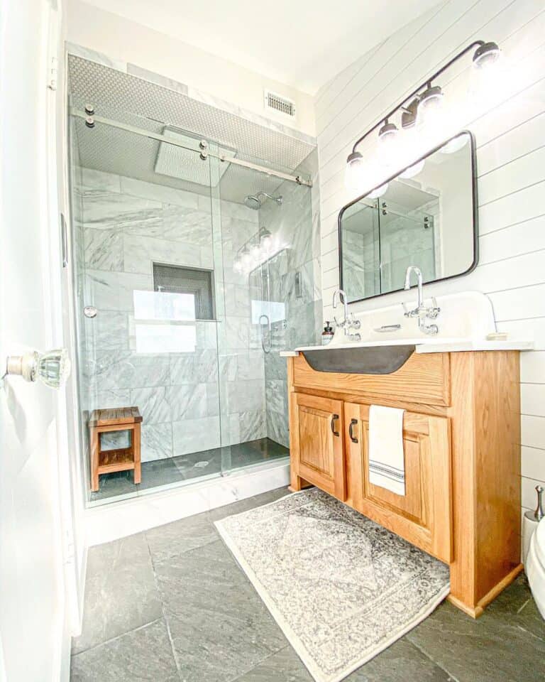 White and Gray Tile Shower with Teak Bench