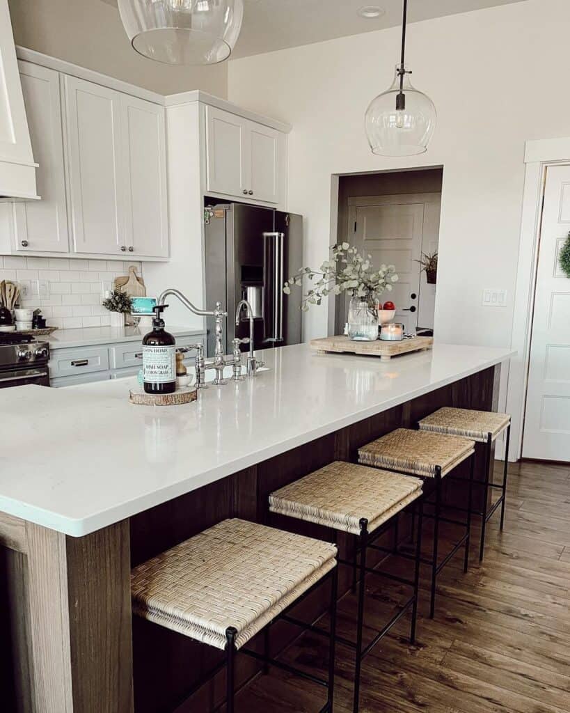 Wicker Stools in White Kitchen With Island