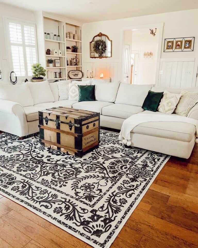 Wood and Black Metal Trunk Coffee Table