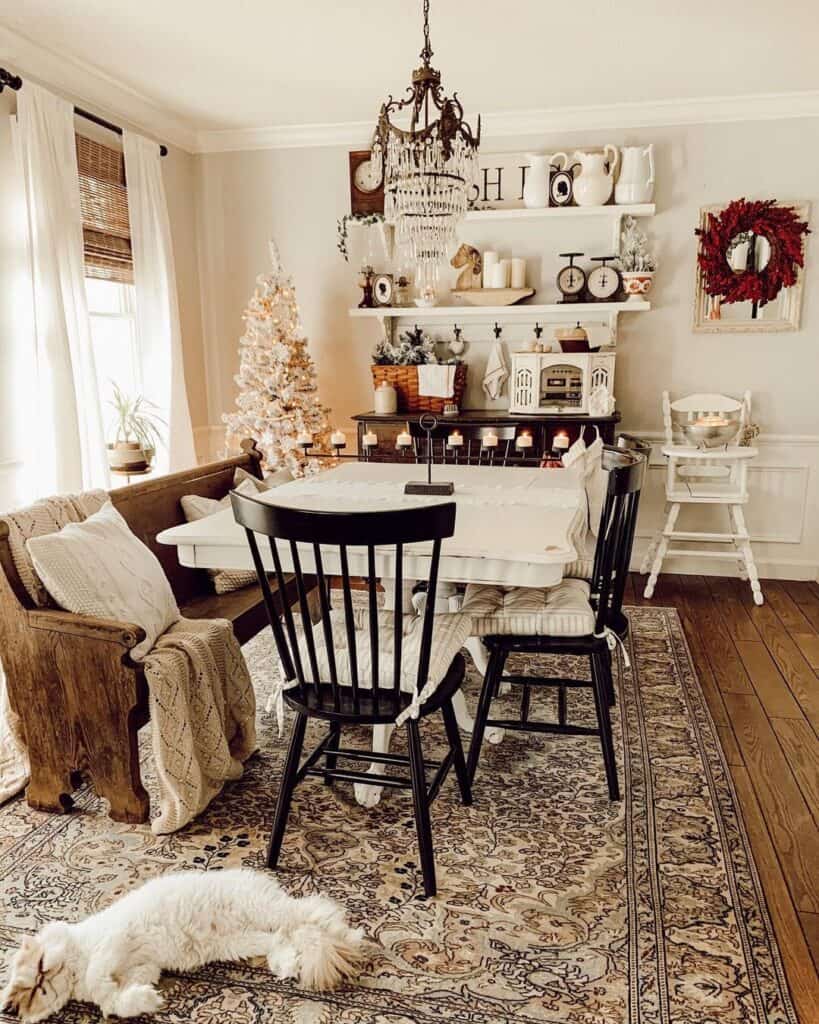 Wooden Bench and White Farmhouse Dining Table