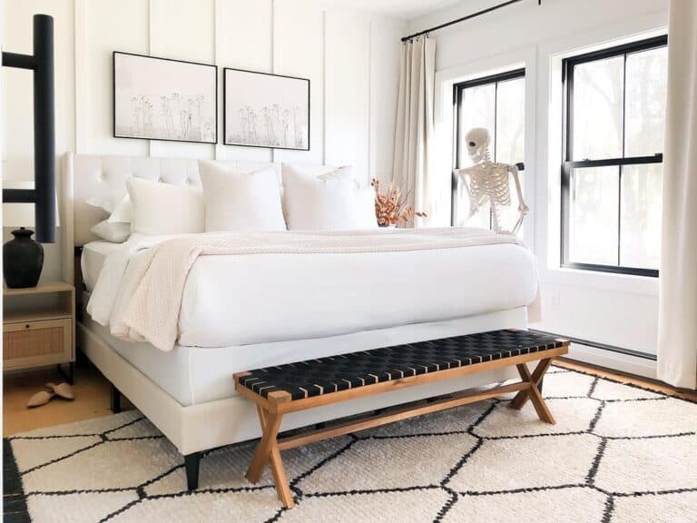 All-White Bedroom with Skeleton Decoration