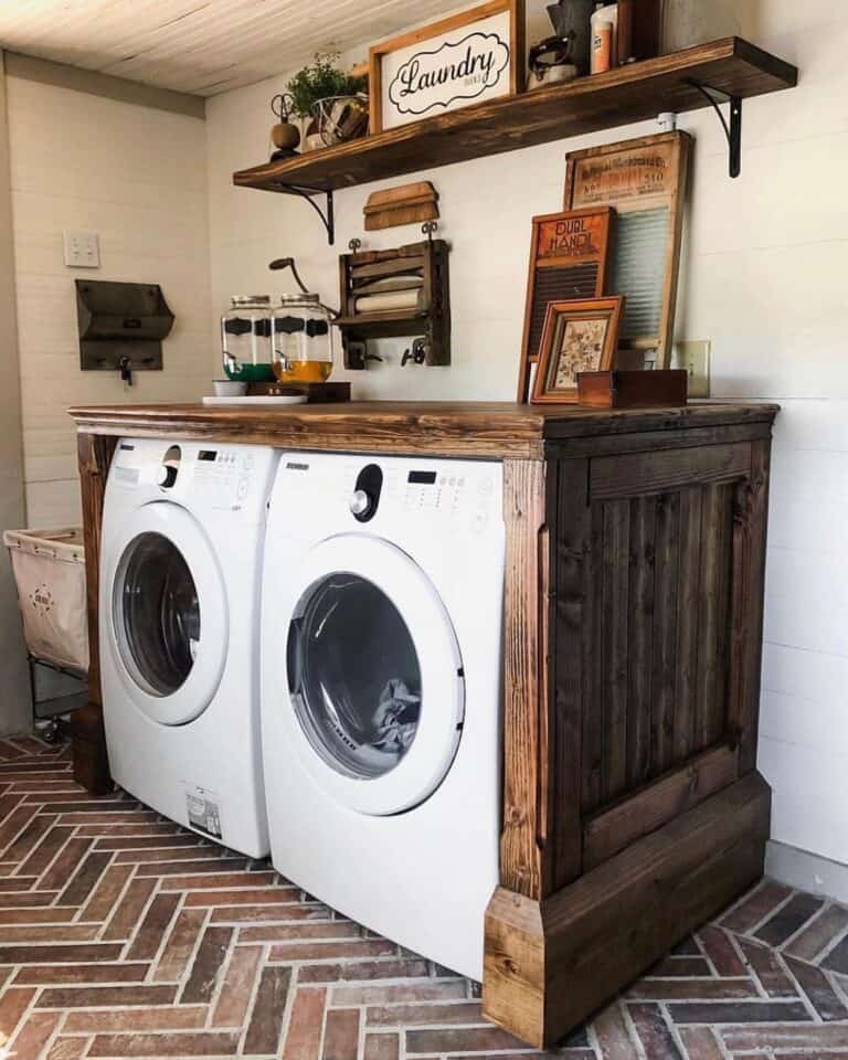 Antique Dark Stained Wood Laundry Counter