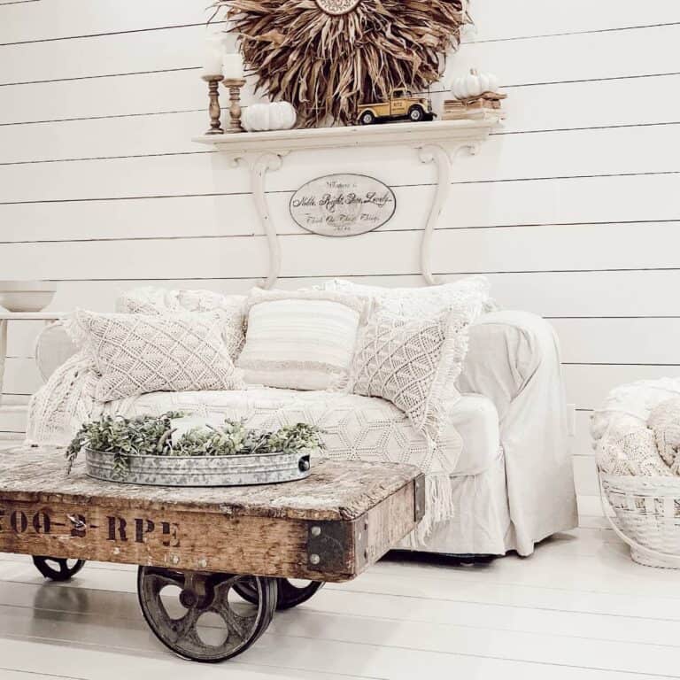 Antique White Shelf in Shiplap Living Room