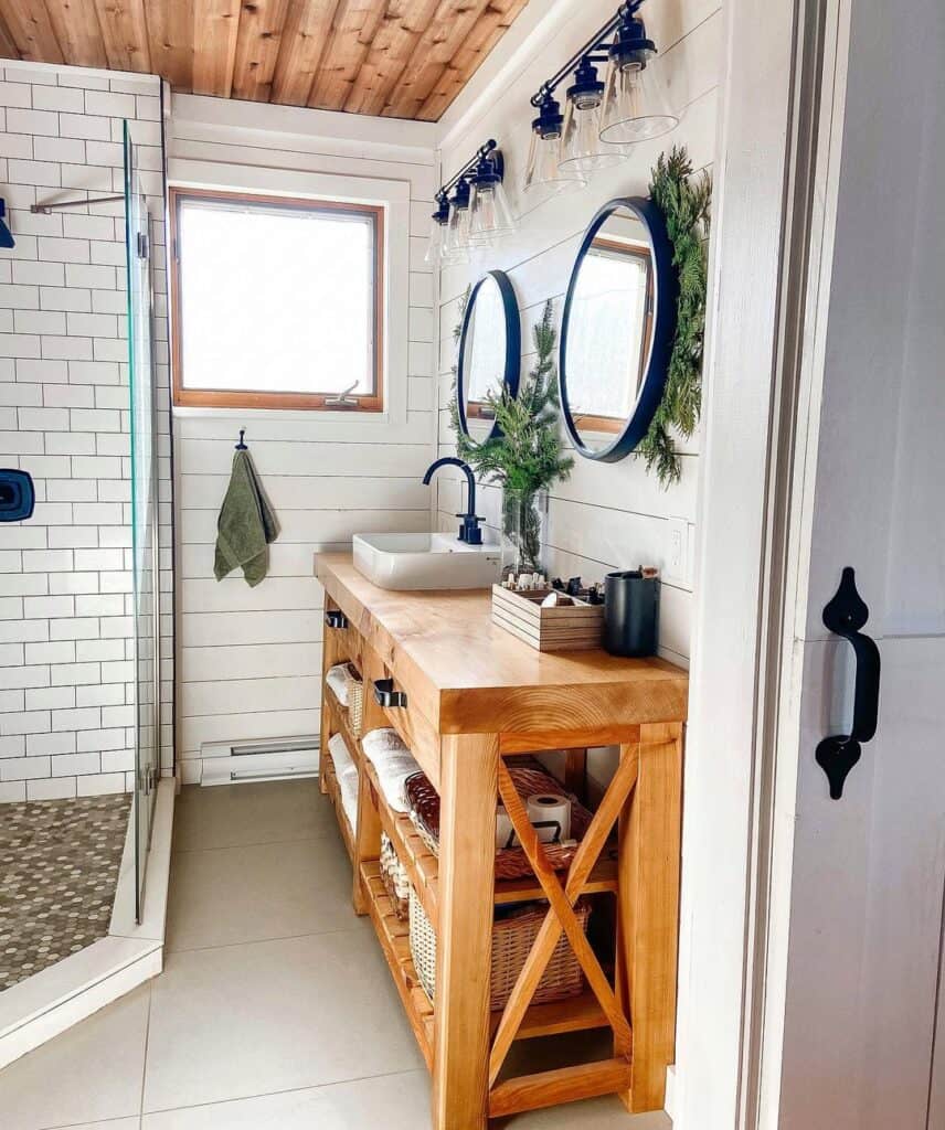 Bathroom with Stained Wood Vanity Countertop