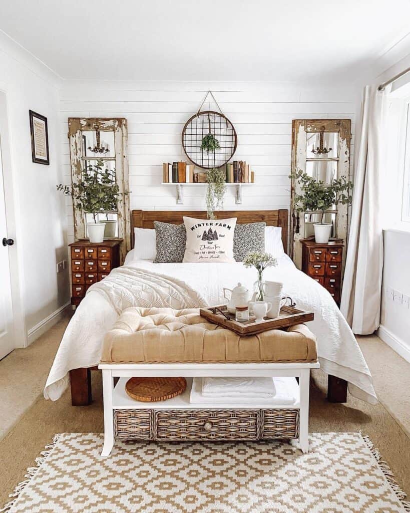 Bedroom with Repurposed Furniture and Shelf