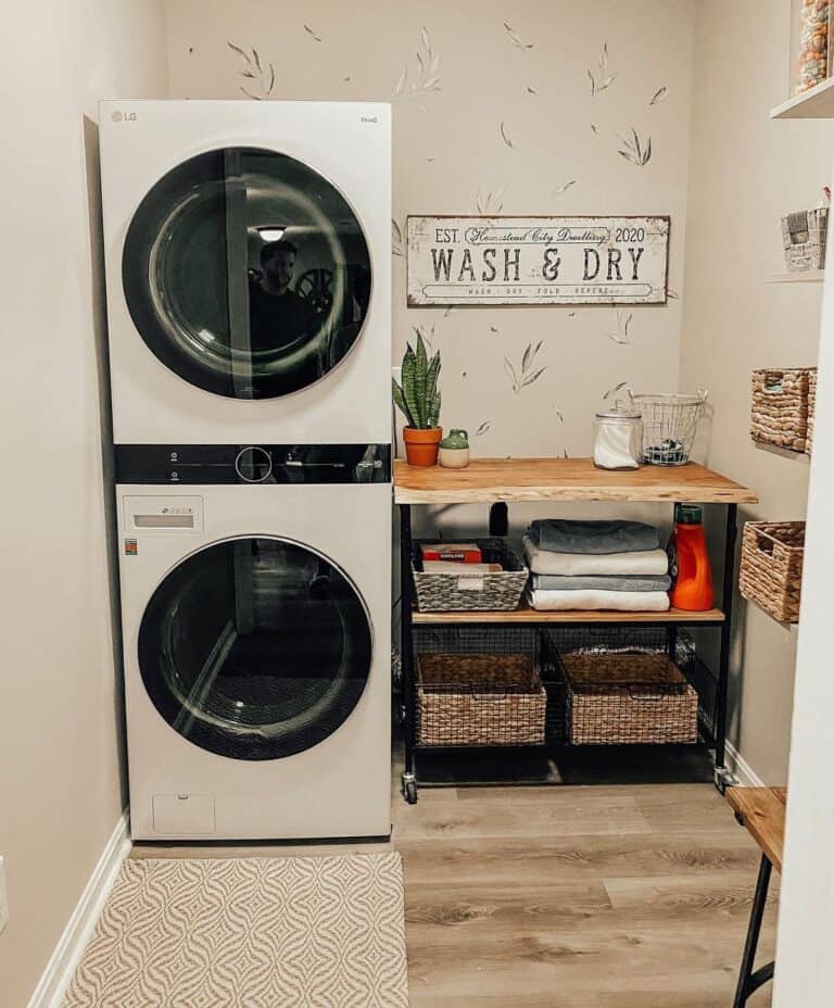Beige Fern Wallpaper with Vintage Sign Decor
