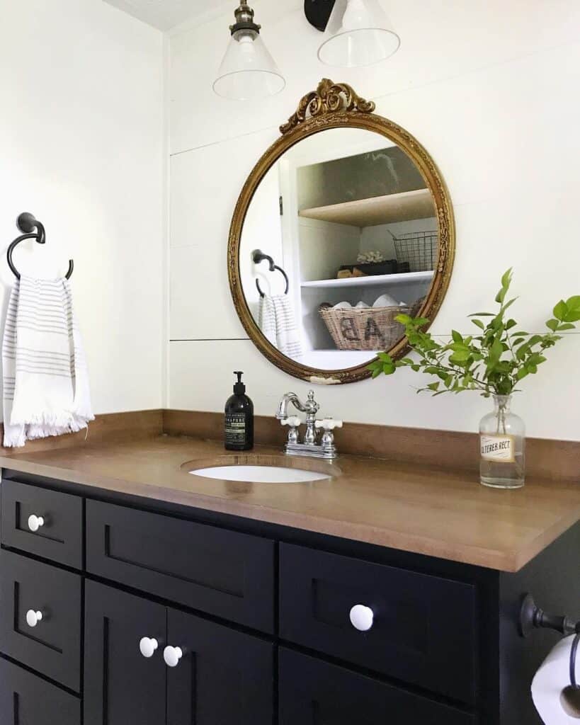 Black Cabinets with Wood Bathroom Countertop - Soul & Lane