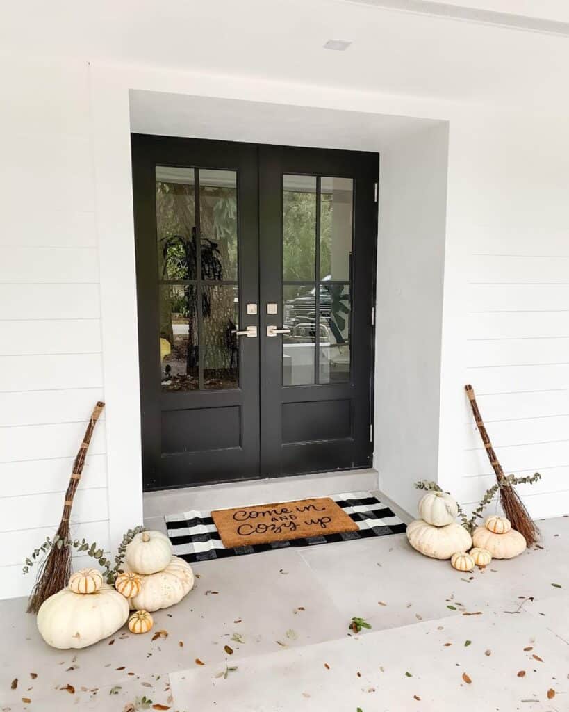 Black Double Front Doors with Brass Handles