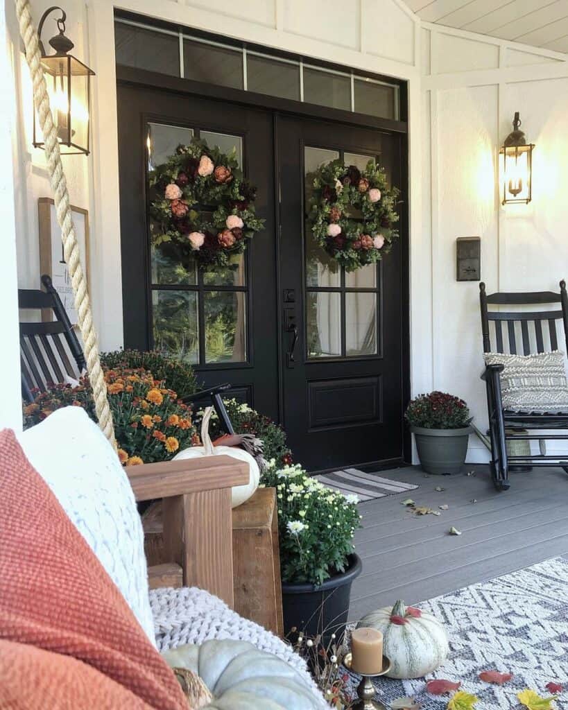 Black Double Front Doors with Transom Window