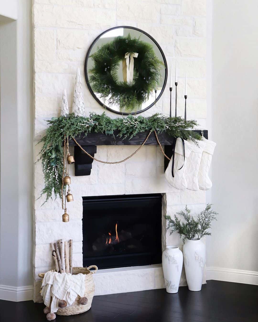black circle mirror, mantle decor  Fireplace mantle decor, Living room  green, Home fireplace