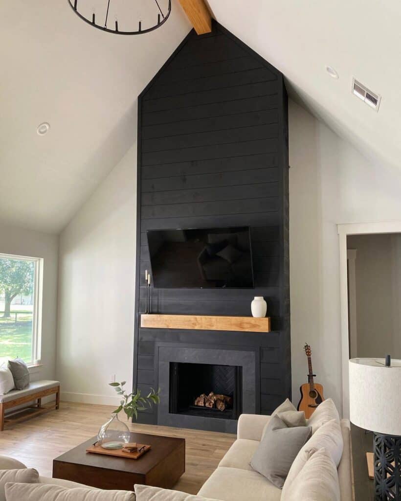 Black Floor to Ceiling Shiplap Fireplace