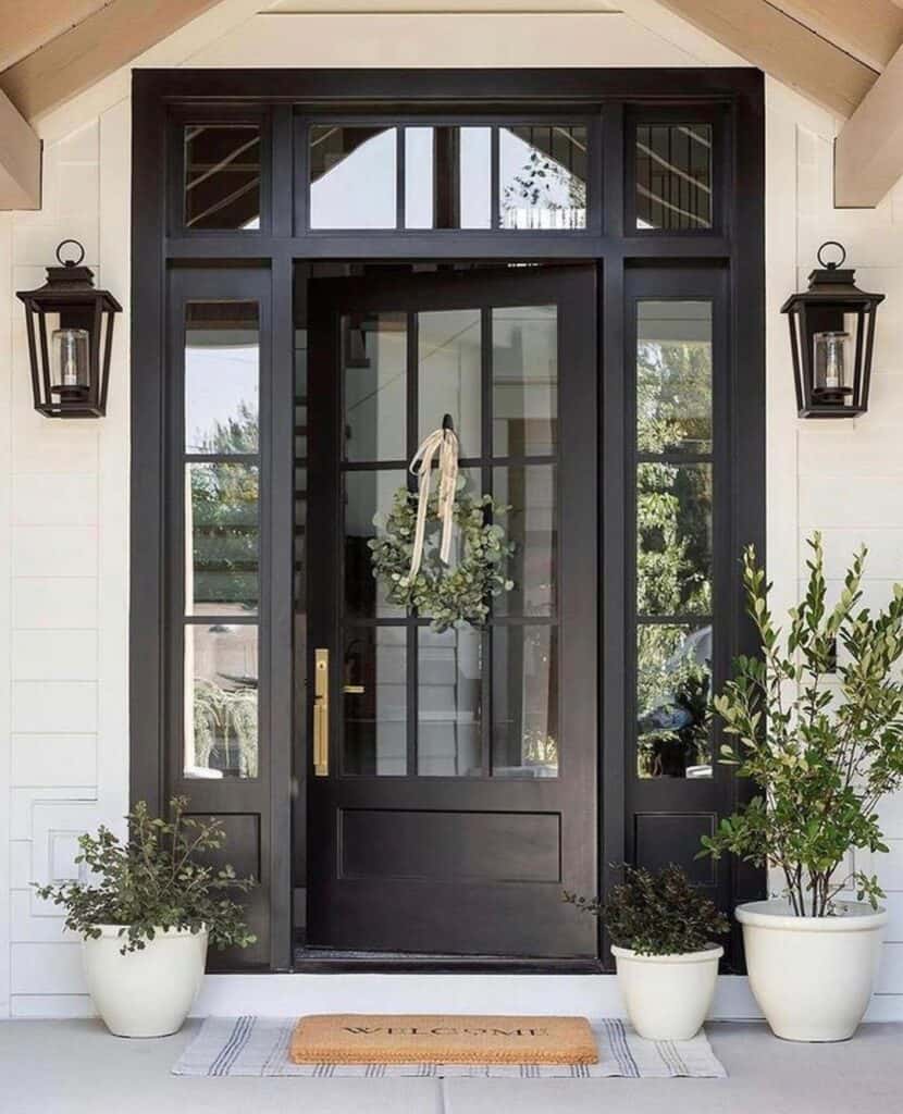 Black Front Door with Sidelights and Transom