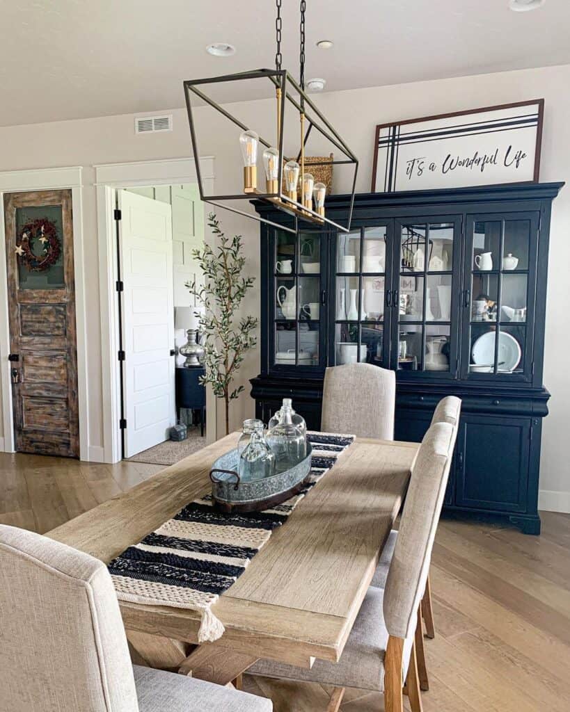 Black Glass Front Hutch in Dining Room